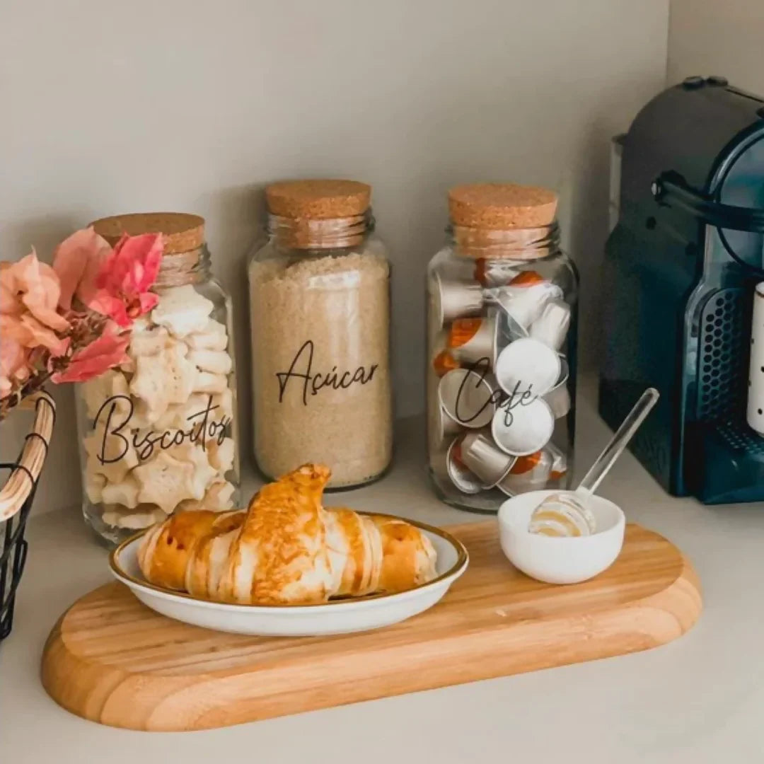 3 Potes de Vidro 810ml com Tampa de Rolha e Adesivos para Café, Açúcar e Biscoitos - Decorelle