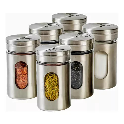 Kit 6 Porta Condimentos em Aço Inox e Vidro - Decorelle