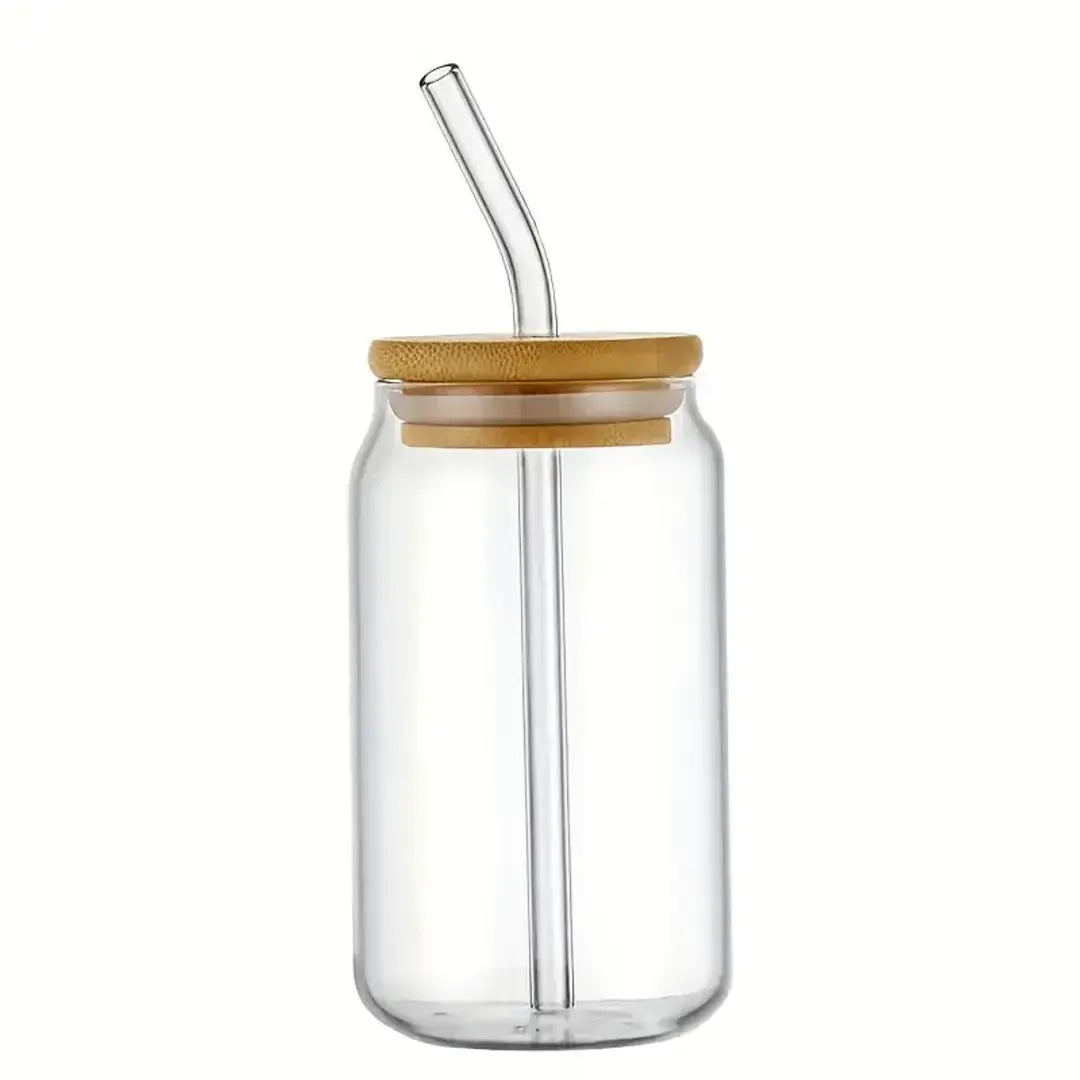 Copo de Vidro 500ml com Tampa de Bambu e Canudo Inox - Decorelle