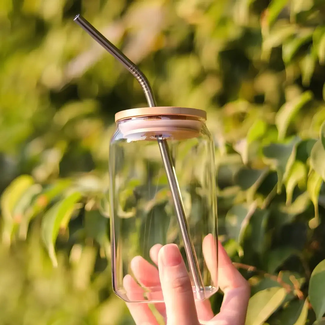 Copo de Vidro 500ml com Tampa de Bambu e Canudo Inox - Decorelle