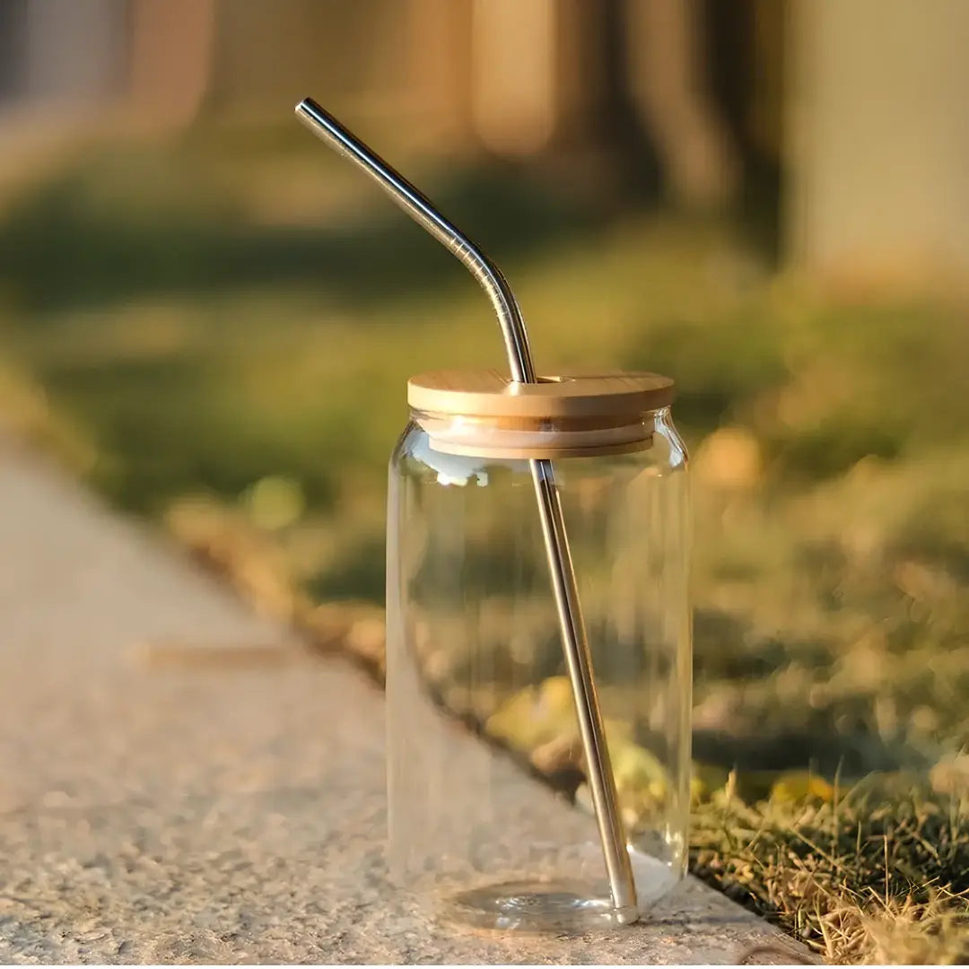 Copo de Vidro 500ml com Tampa de Bambu e Canudo Inox - Decorelle