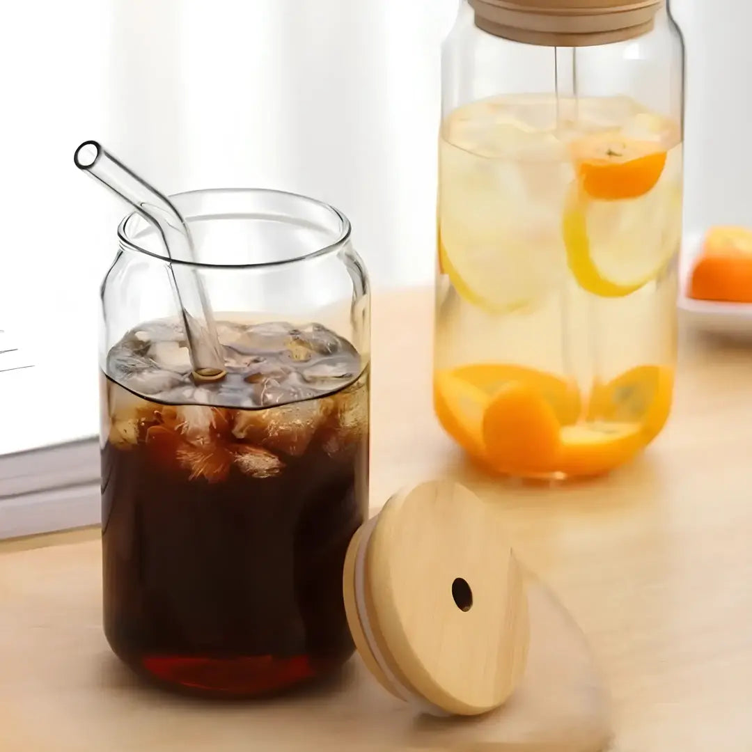 Copo de Vidro 500ml com Tampa de Bambu e Canudo Inox - Decorelle