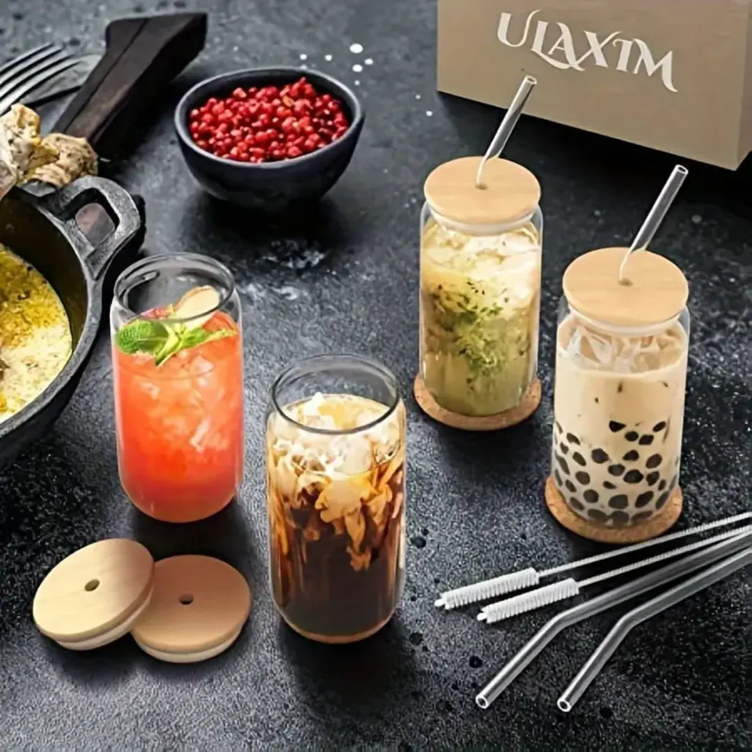 Copo de Vidro 500ml com Tampa de Bambu e Canudo Inox - Decorelle