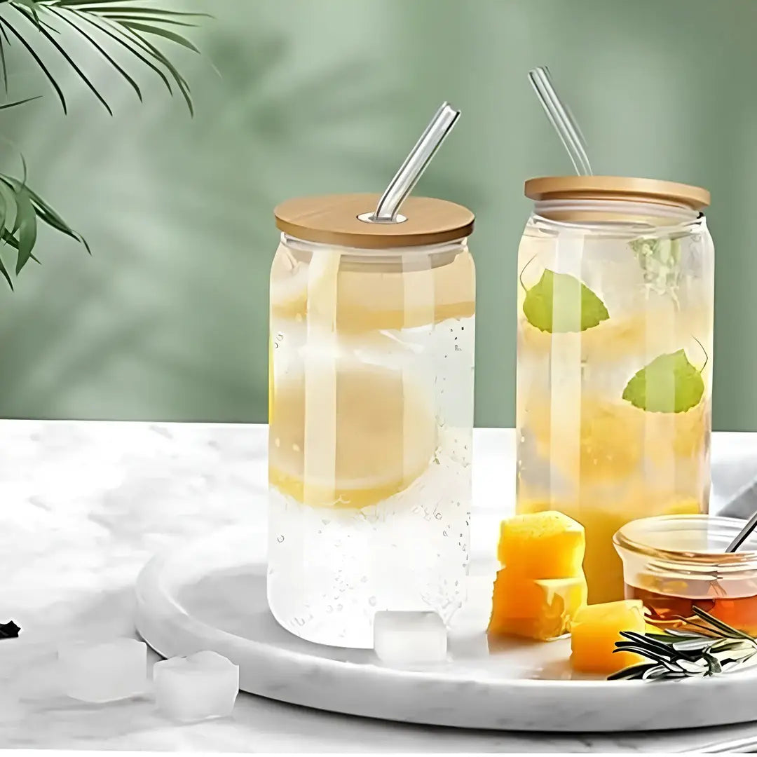 Copo de Vidro 500ml com Tampa de Bambu e Canudo Inox - Decorelle