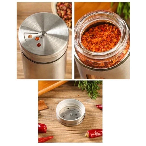 Kit 6 Porta Condimentos em Aço Inox e Vidro - Decorelle