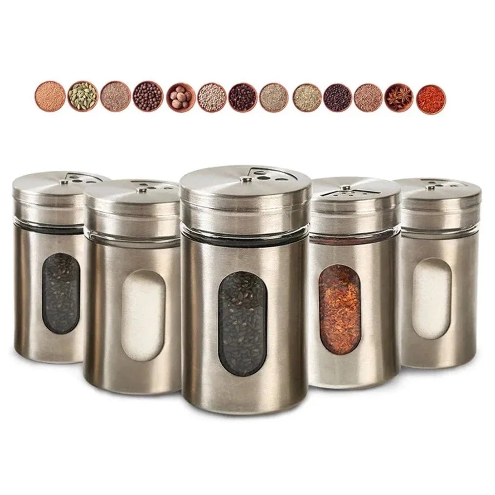 Kit 6 Porta Condimentos em Aço Inox e Vidro - Decorelle