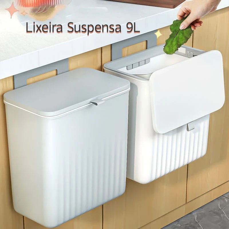 Lixeira Suspensa 9L com Tampa e Suporte – Para Cozinha e Banheiro - Decorelle