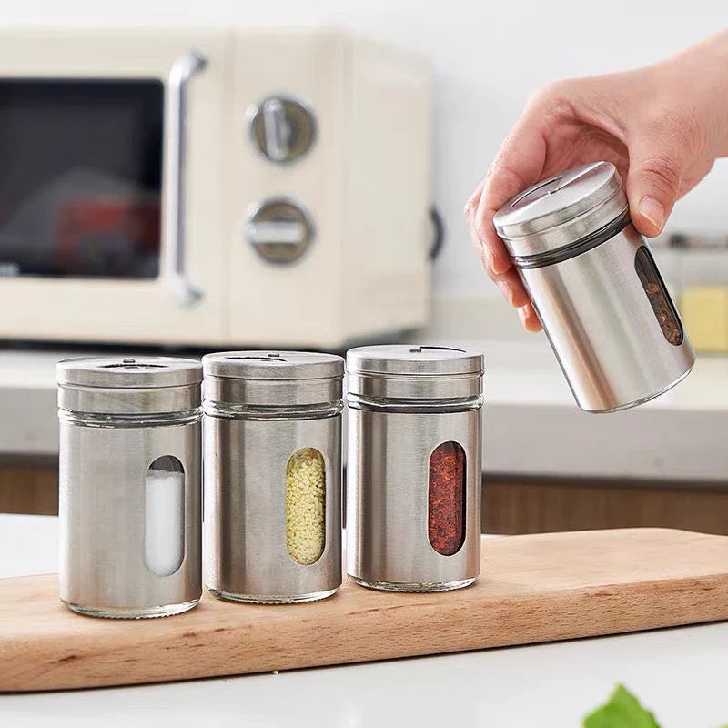 Kit 6 Porta Condimentos em Aço Inox e Vidro - Decorelle