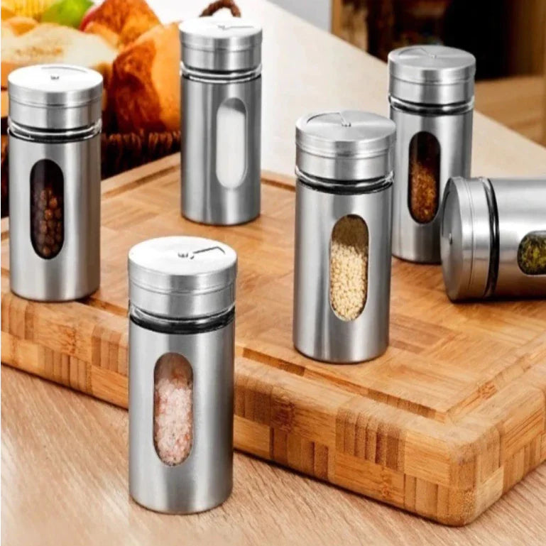 Kit 6 Porta Condimentos em Aço Inox e Vidro - Decorelle