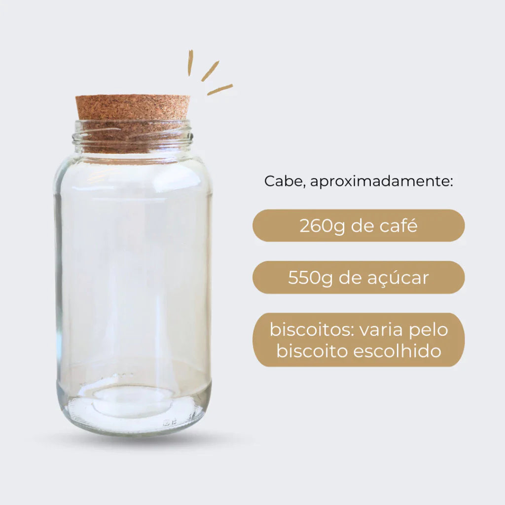 3 Potes de Vidro 810ml com Tampa de Rolha e Adesivos para Café, Açúcar e Biscoitos - Decorelle