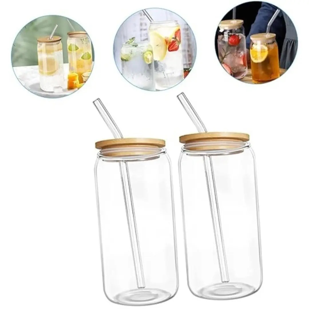Copo de Vidro 500ml com Tampa de Bambu e Canudo Inox  - Decorelle