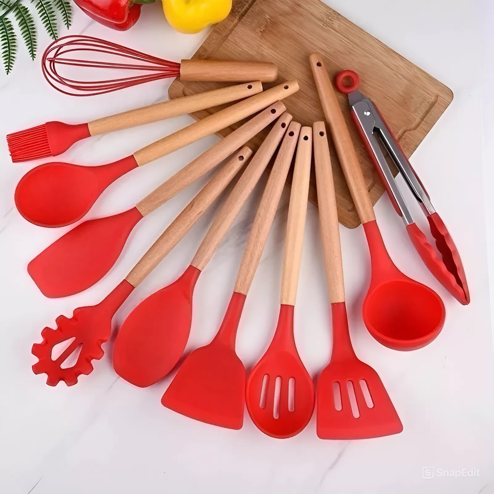 Jogo de Utensílios de Cozinha com 12 Peças em Silicone e Cabo de Madeira - Decorelle