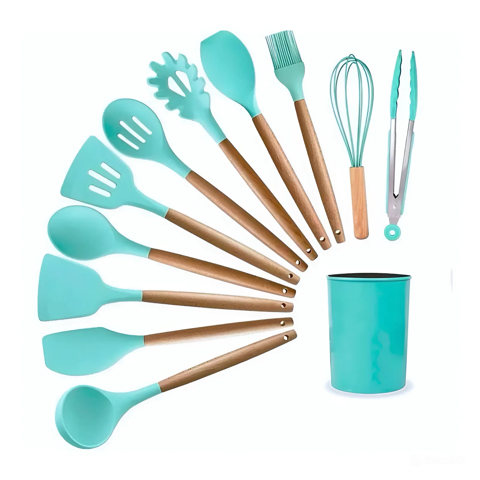 Jogo de Utensílios de Cozinha com 12 Peças em Silicone e Cabo de Madeira - Decorelle