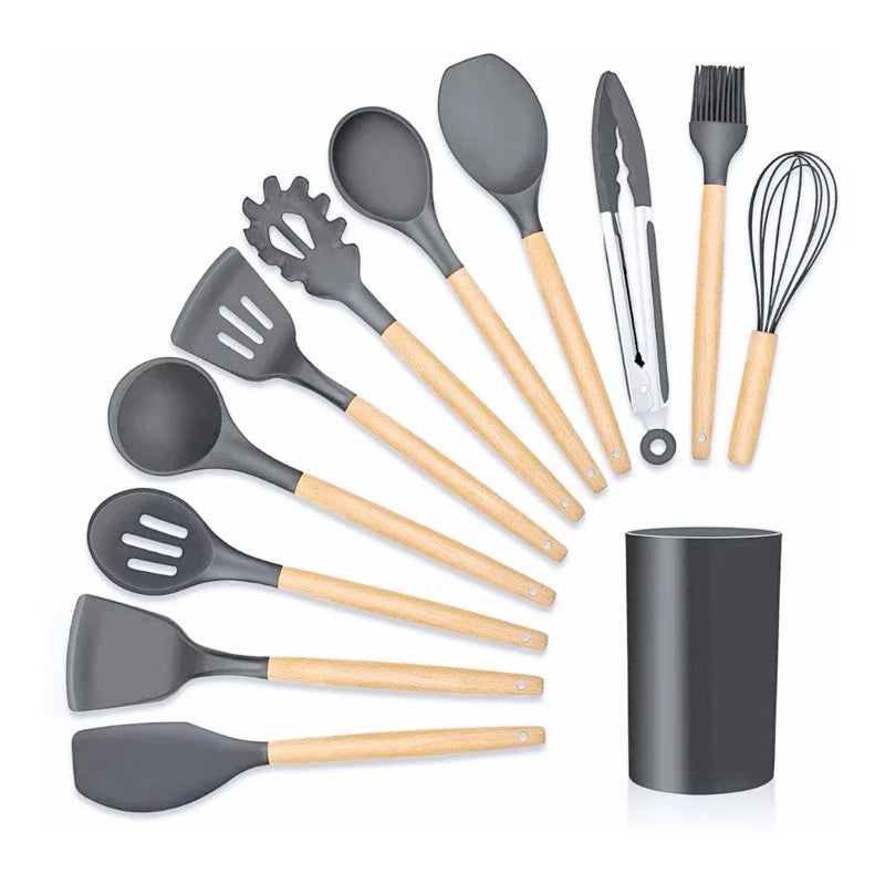 Jogo de Utensílios de Cozinha com 12 Peças em Silicone e Cabo de Madeira - Decorelle