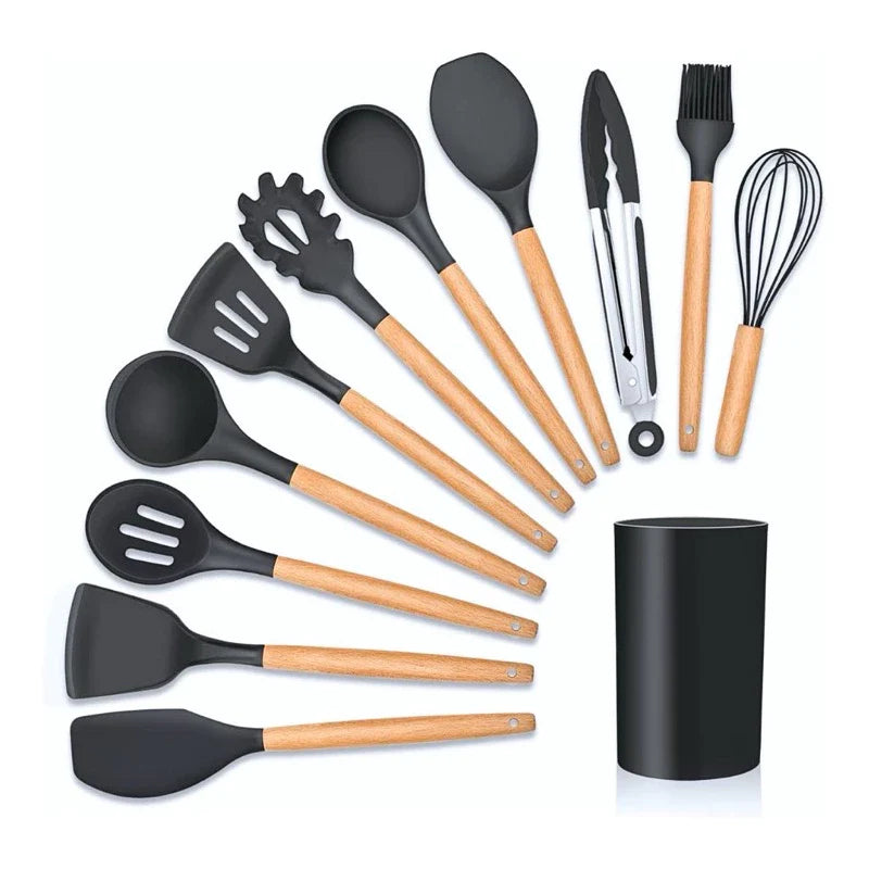 Jogo de Utensílios de Cozinha com 12 Peças em Silicone e Cabo de Madeira - Decorelle