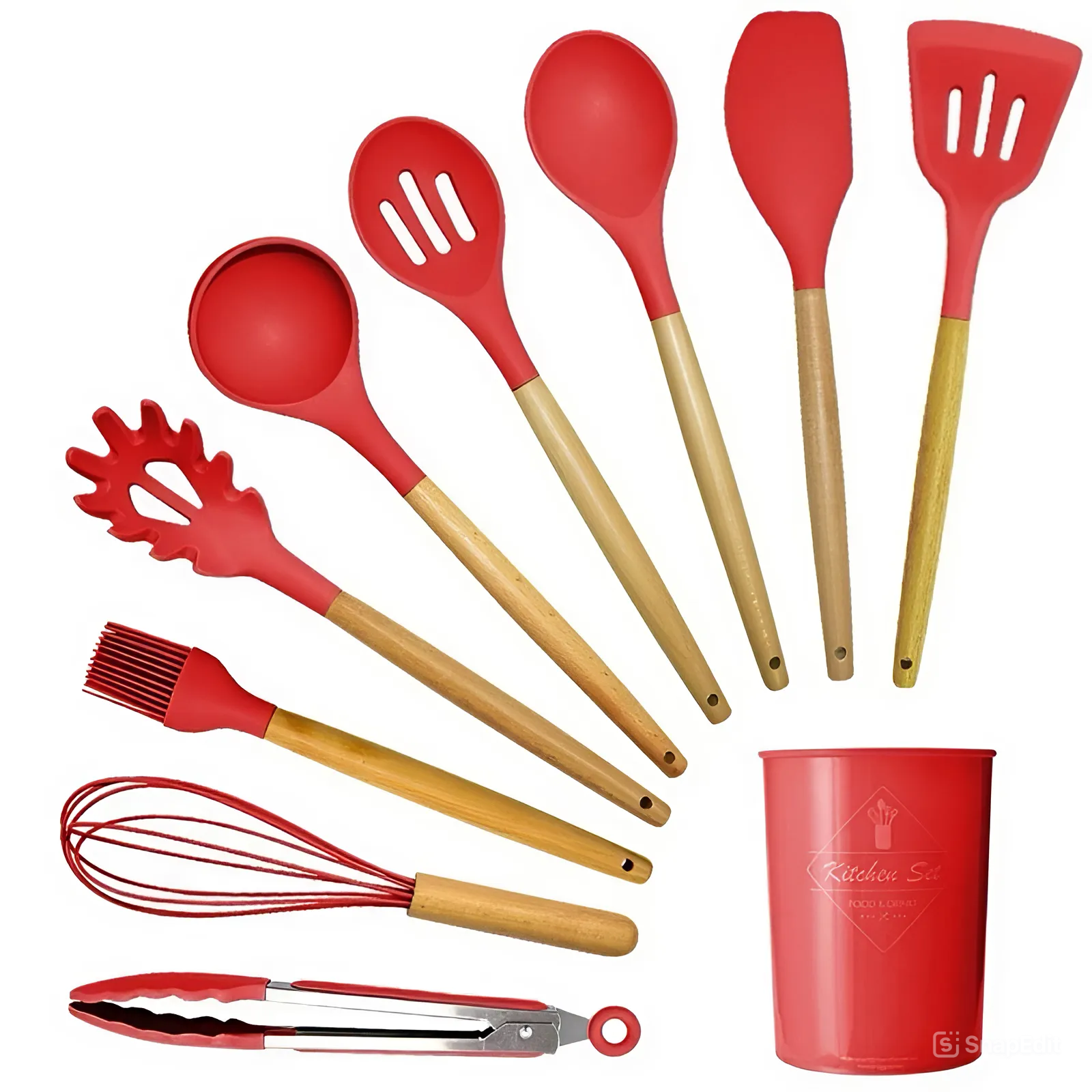 Jogo de Utensílios de Cozinha com 12 Peças em Silicone e Cabo de Madeira - Decorelle