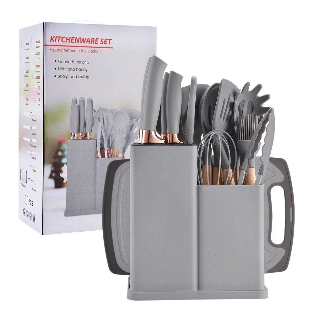 Kit Utensílios de Cozinha Completo – 19 Peças com Tábua de Silicone, Espátula, Faca e Tesoura