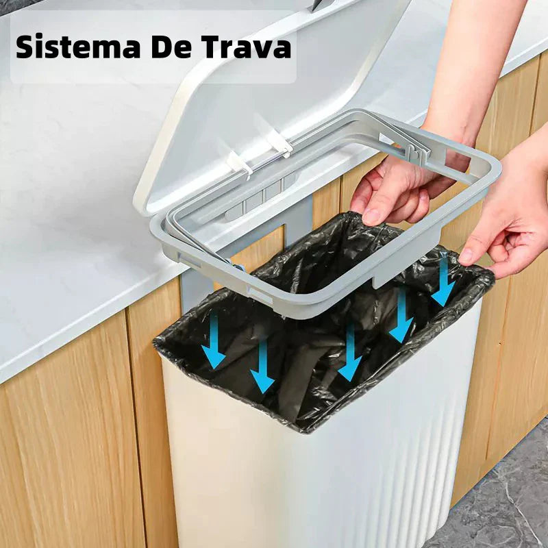 Lixeira Suspensa 9L com Tampa e Suporte – Para Cozinha e Banheiro - Decorelle