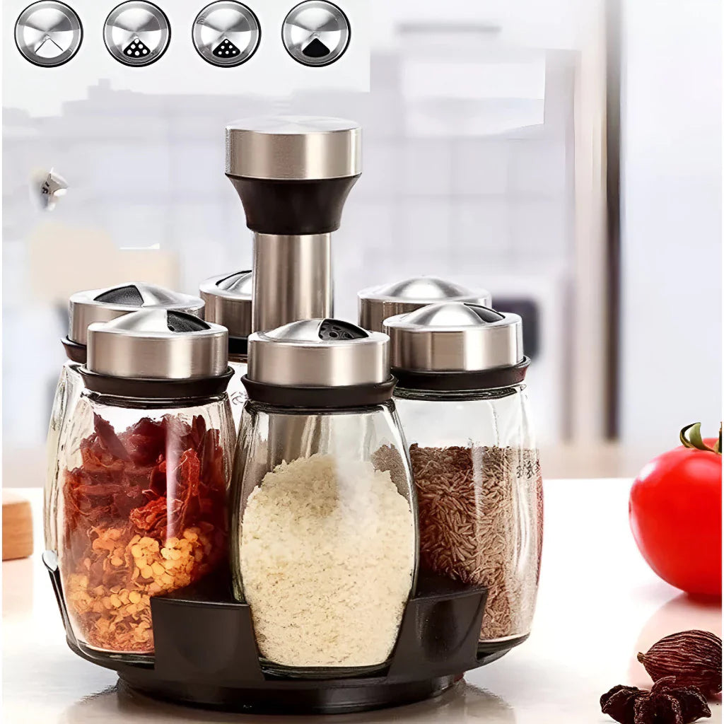 Porta-Temperos Giratório em Aço Inox com 6 Potes de Vidro