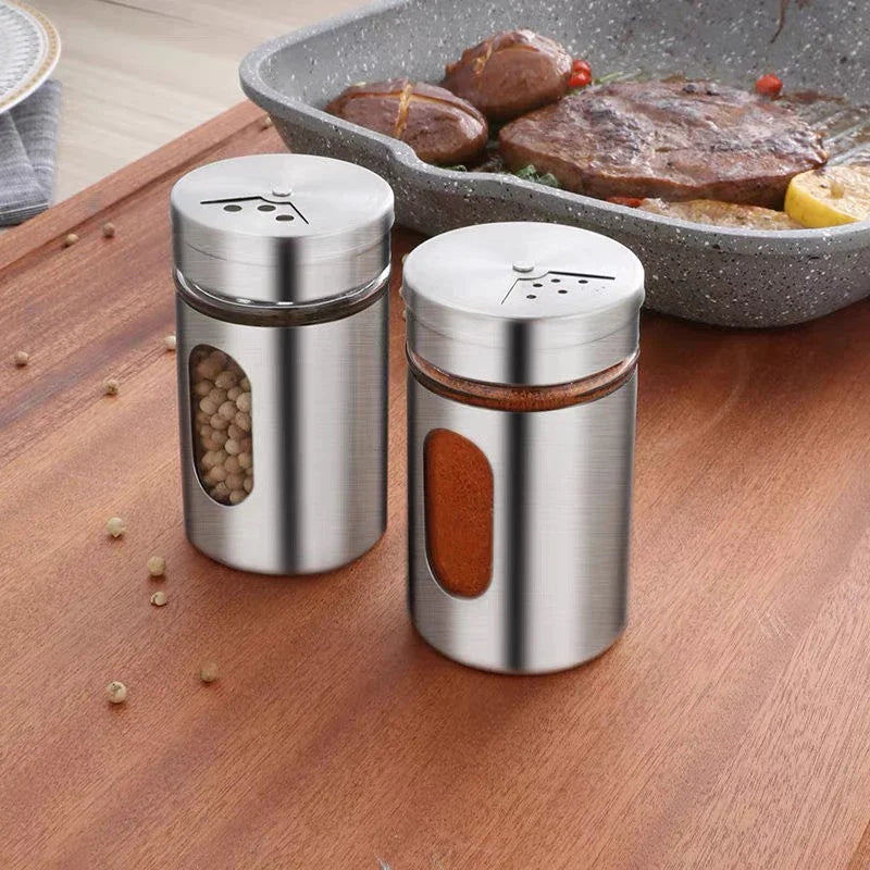 Kit 6 Porta Condimentos em Aço Inox e Vidro - Decorelle
