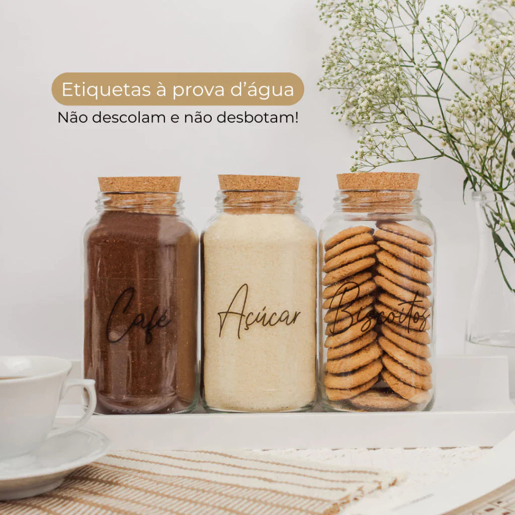 3 Potes de Vidro 810ml com Tampa de Rolha e Adesivos para Café, Açúcar e Biscoitos - Decorelle